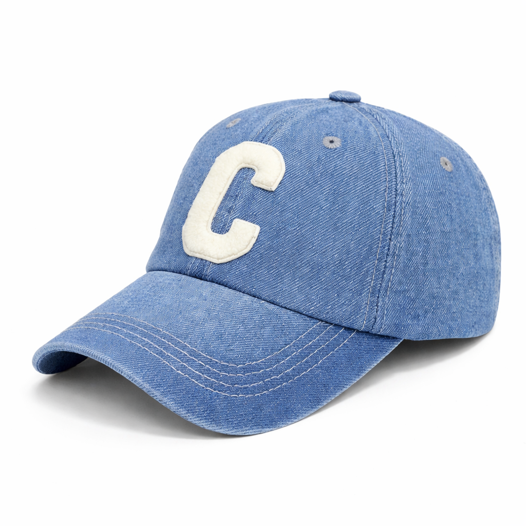 Adjustable Denim Cap with Raised Embroidered Letter