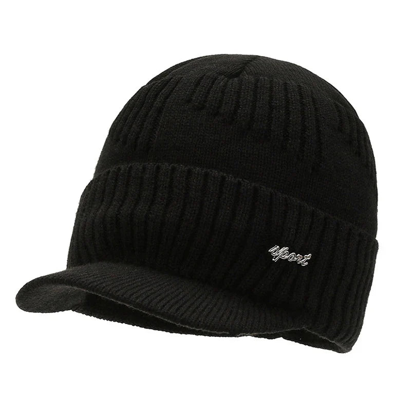 Men's Black Knit Beanie with Brim