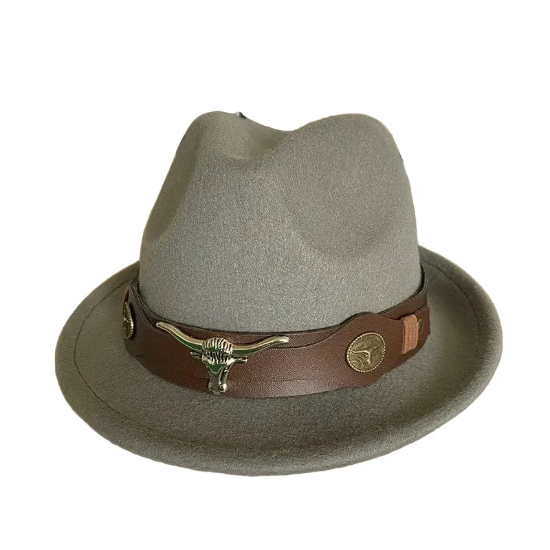 Felt Fedora Hat with Leather Band and Longhorn Emblem