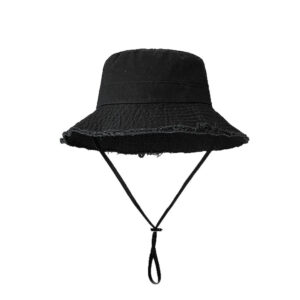 Cotton Bucket Hat with Adjustable Chin Cord and Frayed Brim