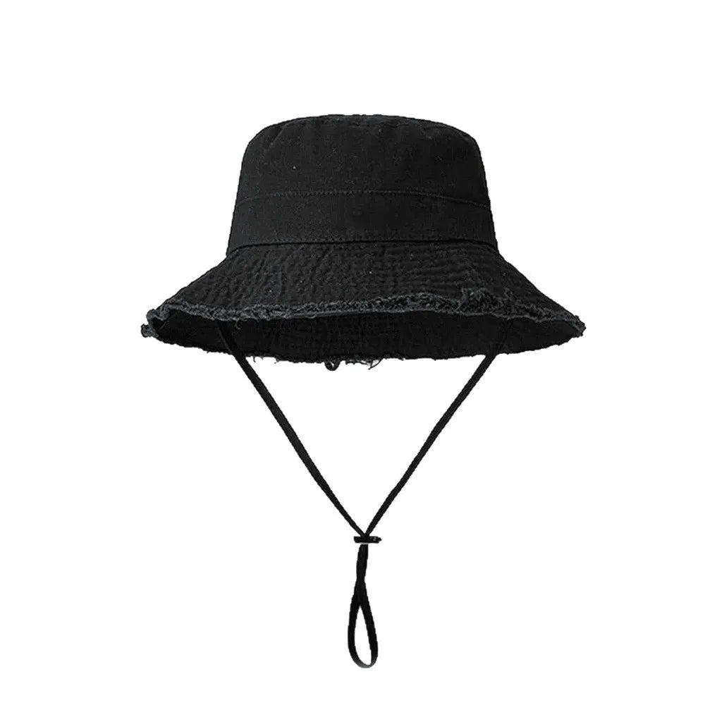 Cotton Bucket Hat with Adjustable Chin Cord and Frayed Brim
